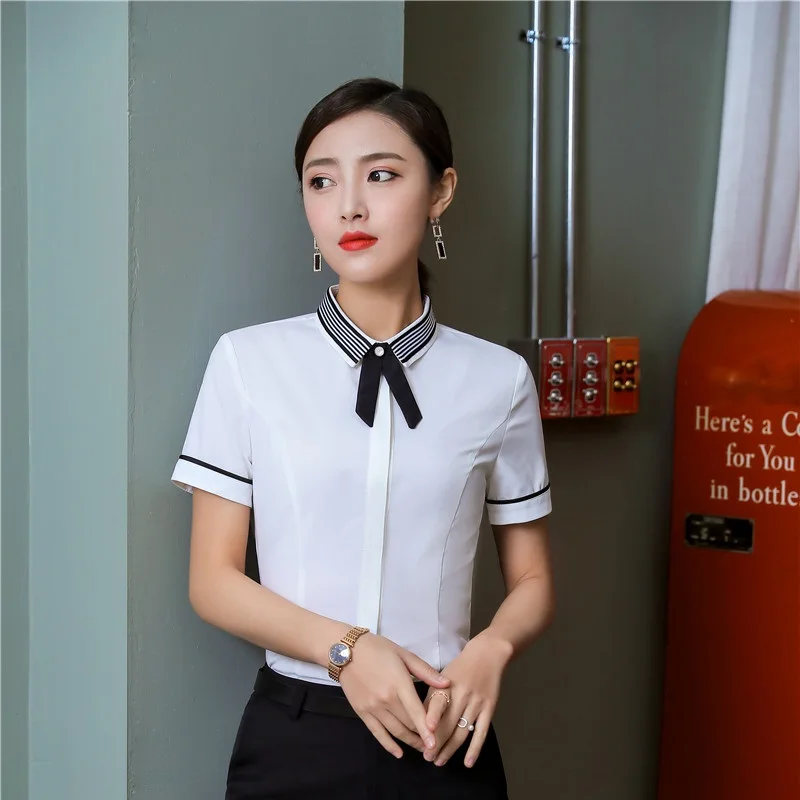 Summer Short Sleeve Women Blouses and Shirts Formal Business Work Wear OL Styles Blouse Ladies Female Tops Clothes With Tie