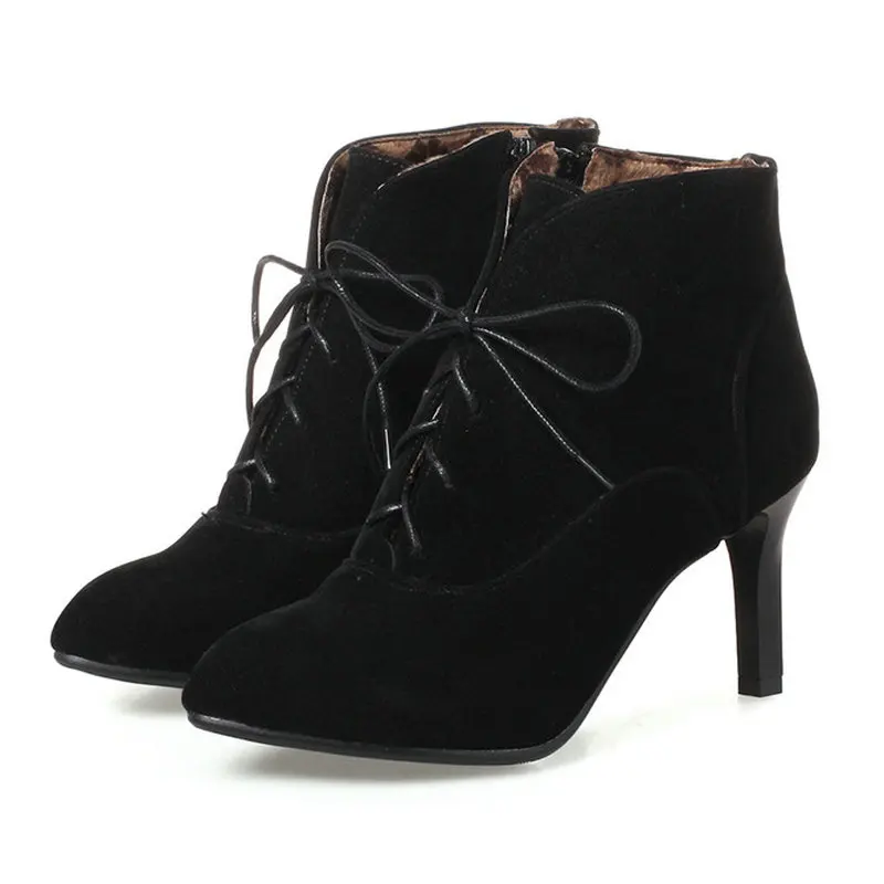 

B2-7 Size 33-46 Female Colors Pointed Toes Ankle Boots Ladies Zips Plus Size Shoes Woman Cross-tied Boot Women High Heels Shoe