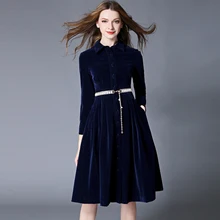 Estilo OL Vestidos Mulheres 2018 Vestido Inverno Vestido de Veludo Azul Longo Mulher Vestido de Manga Longa Escritório Ropa Mujer Robe Longue 1315