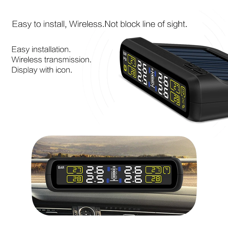 T881B-NF+ на солнечных батареях TPMS автомобильная система контроля давления в шинах Беспроводная 4 внутренних датчика цветной цифровой экран