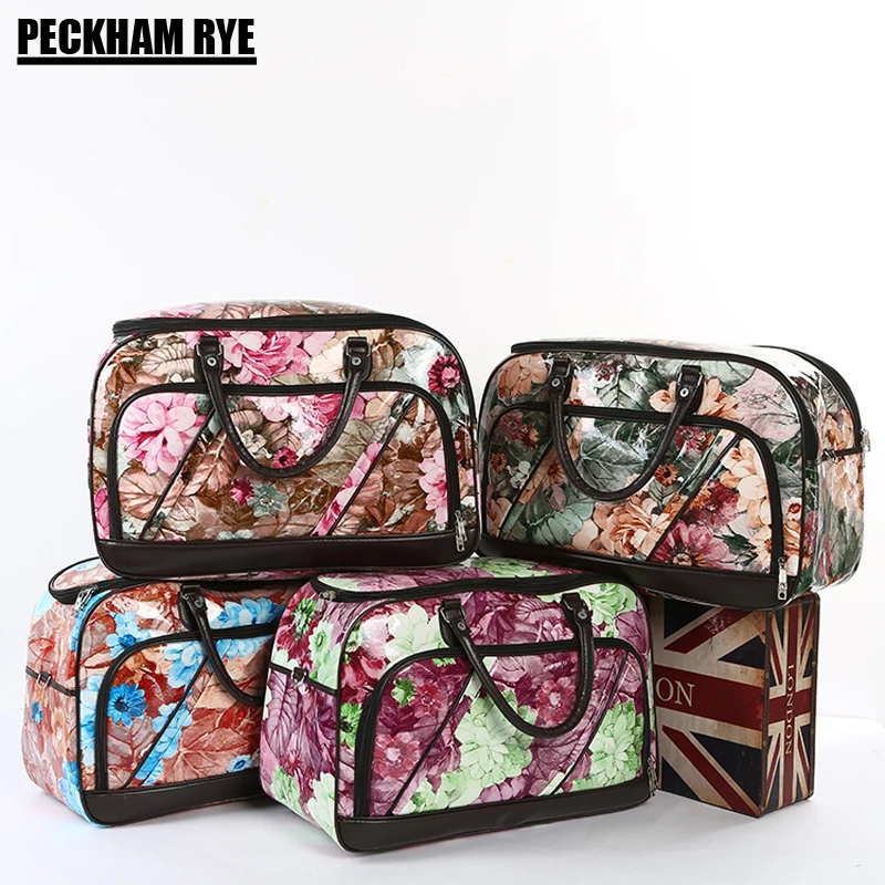 

High Quality Women Big Travel Bag PU Leather Large Capacity Hand Luggage Bags For Lady Vintage Fashion Floral Print Duffle Bag
