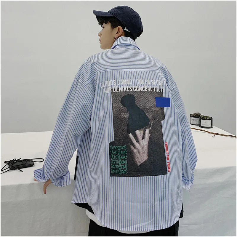 

2019 Spring New Men's Korean Version Of The Striped Back Neutral Pattern Printing Long-sleeved Thin Section Couple Fashion Shirt