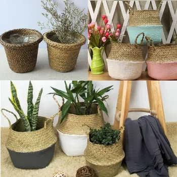 

Handmade Bamboo Storage Baskets Foldable Laundry Straw Patchwork Wicker Rattan Seagrass Belly Garden Flower Pot Planter Basket