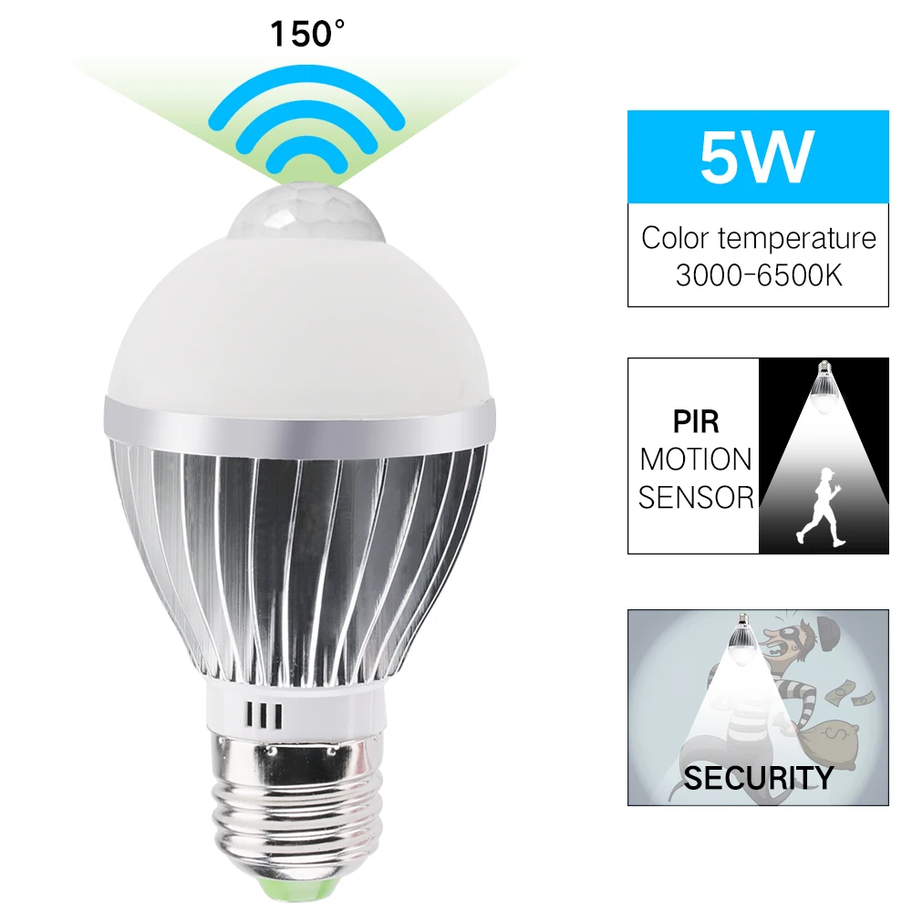

BORUiT 5W 85-265V LED Light Bulb E27 Auto Smart PIR Body Motion Sensor Lamp Home Dusk to Dawn Night Light