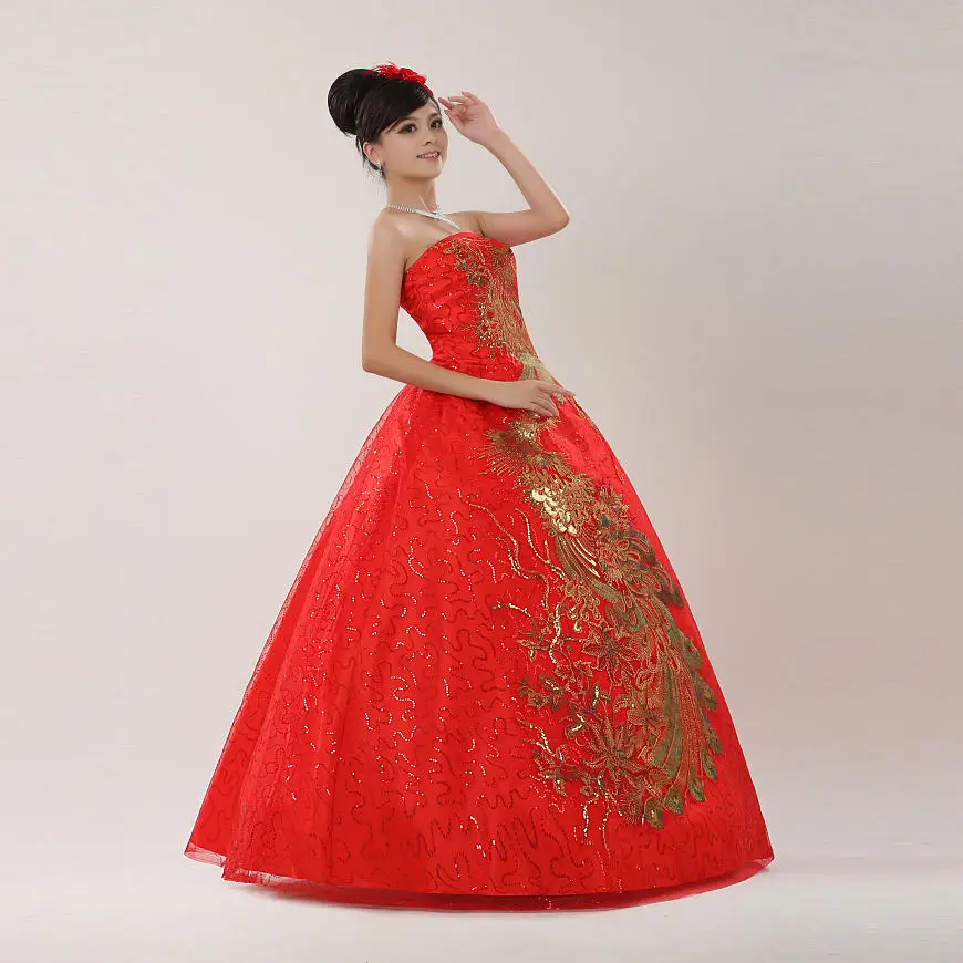 Free Shipping Plus Size Red Strapless With Gold Wedding Dresses