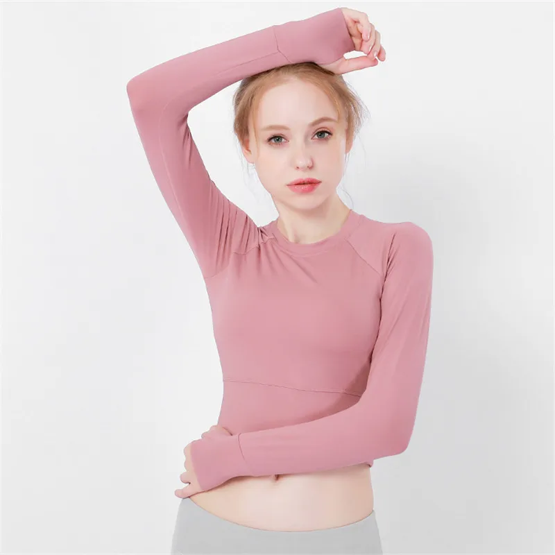 

GOGNGTR New Women Yoga Long Sleeve T-shirt Tight Leisure Running Fitness Wear High Stretch Breathable Yoga Clothing Short Top