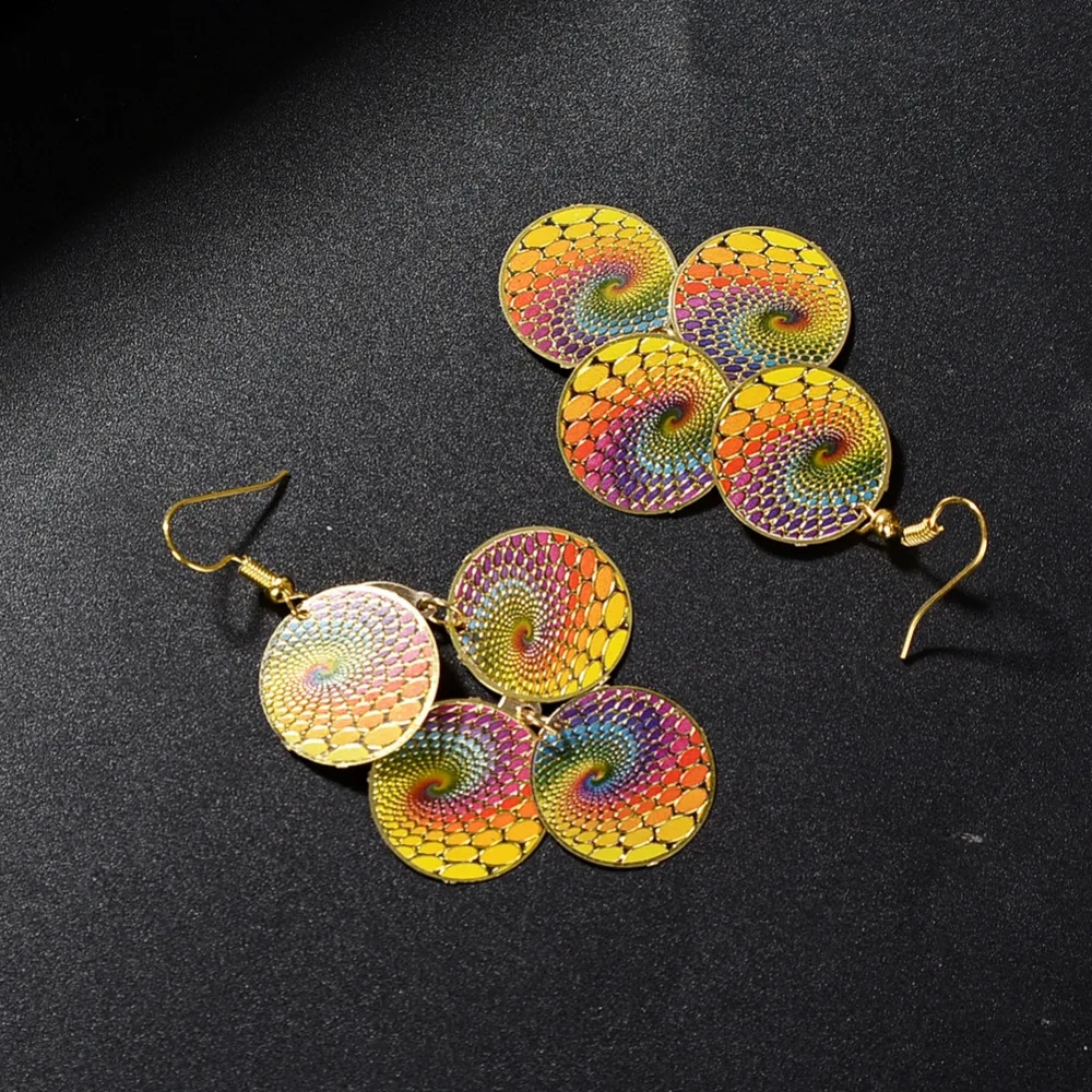 1 Pair Multi color Printed Brass Disc Dangle Earrings Vintage Long