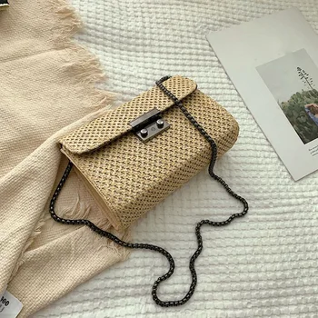 

Wild Chain Straw Knit Women'S Summer Beach Tote Bags Square Bag Handmade Rattan Designer Ladies Messenger Bag Khaki