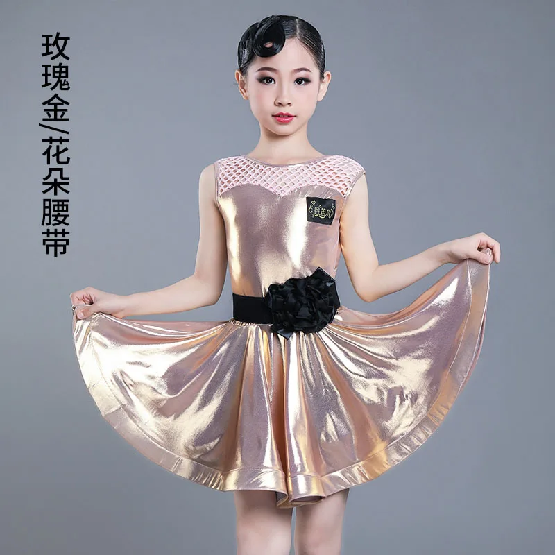 gold Flower belt Латинский танец Дети костюм для сальсы/бальных/Танго соревнований платье девушка сценическая одежда для танцевальных выступлений латинские Бальные платья DQS1711 - Цвет: gold Flower belt