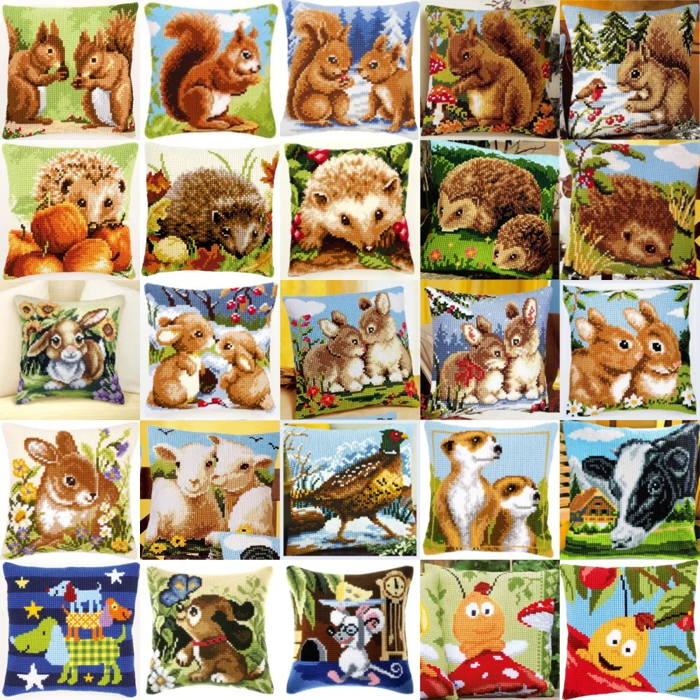 

1animals 002 DIY Needlework Kit Acrylic Yarn Embroidery Pillow Tapestry Canvas Cushion Front Cross Stitch Pillowcase