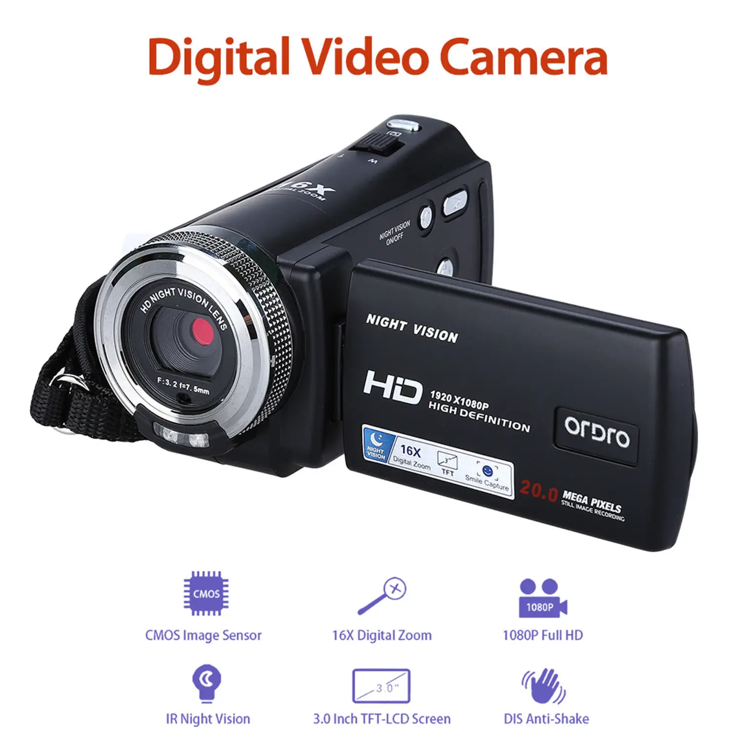 ORDRO HDV-V12 3," lcd 16X цифровой зум 1080P FHD Цифровая видеокамера инфракрасная DVR видео рекордер Ночного Видения CMOS датчик кардридер