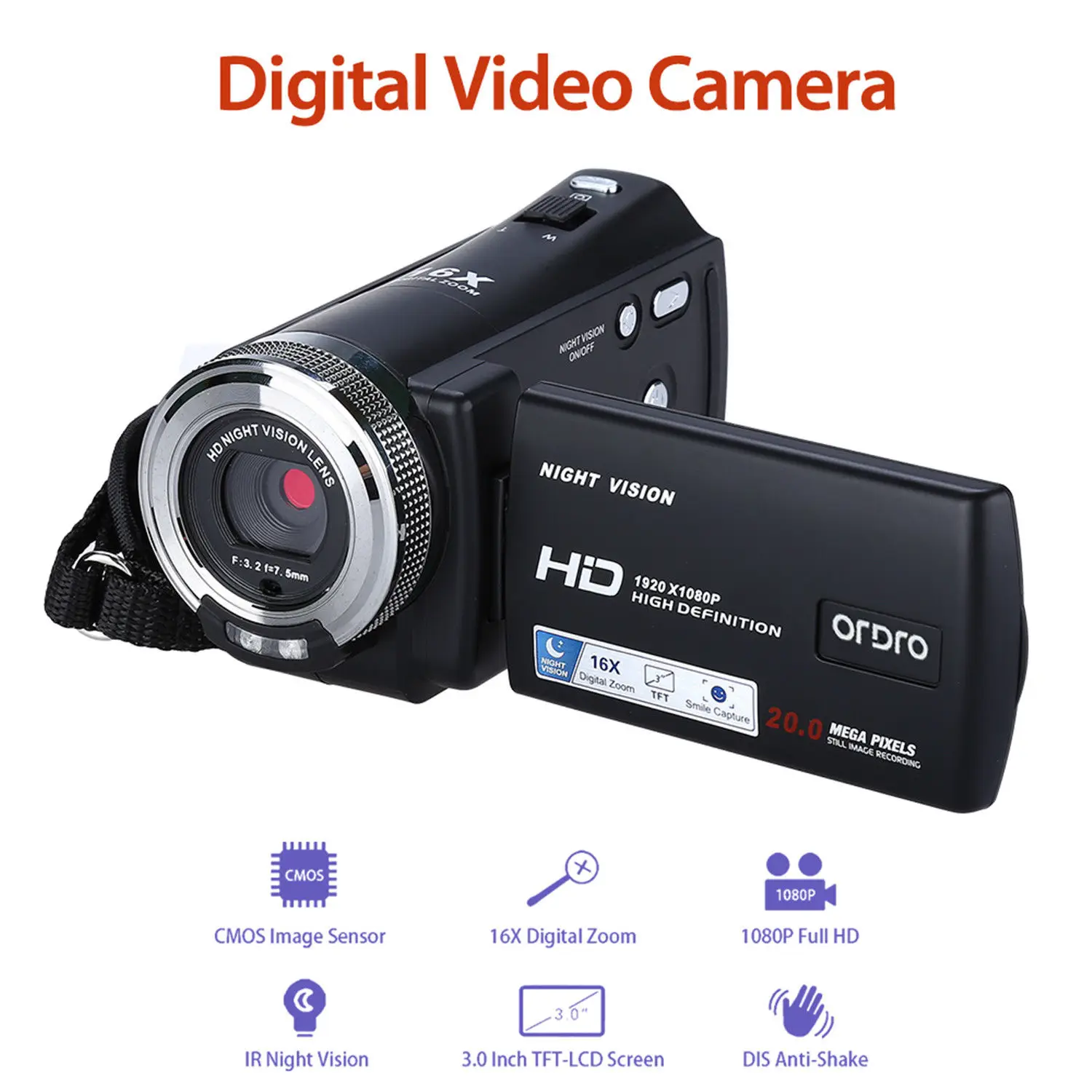 

ORDRO HDV-V12 3.0" LCD 16X Digital Zoom 1080P FHD Digital Camera Infrared DVR Video Recorder NightVision CMOS Sensor Card Reader