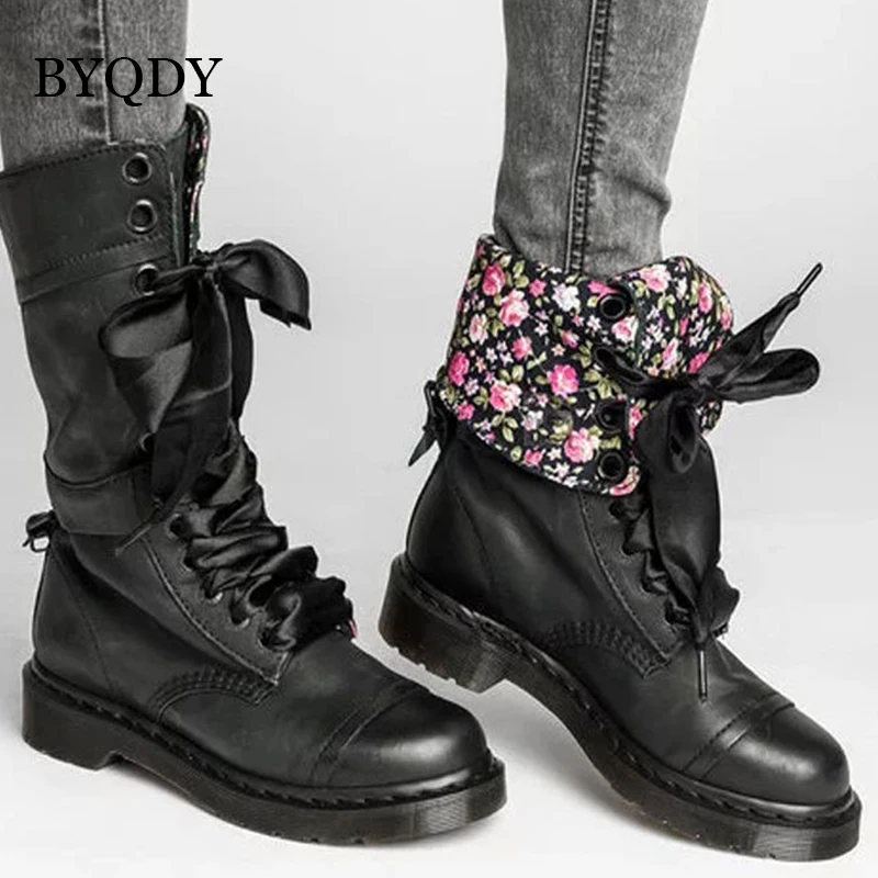

BYQDY Punk Ankle Boots Motocycle Booties PU Leather Women Boots Square Heel Autumn High-top Vintage Platform bota feminina