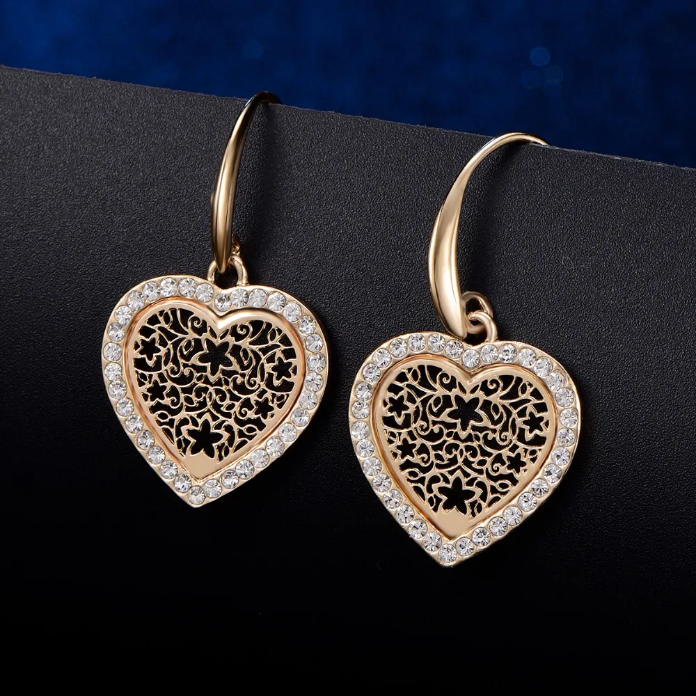 

Rose Heart Earrings Fashion Jewelry 2018 Rose Gold Hollow Flower Crystal Heart Earrings For Women Dangle Earrings Brinco boucle