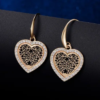 

Rose Heart Earrings Fashion Jewelry 2018 Rose Gold Hollow Flower Crystal Heart Earrings For Women Dangle Earrings Brinco boucle