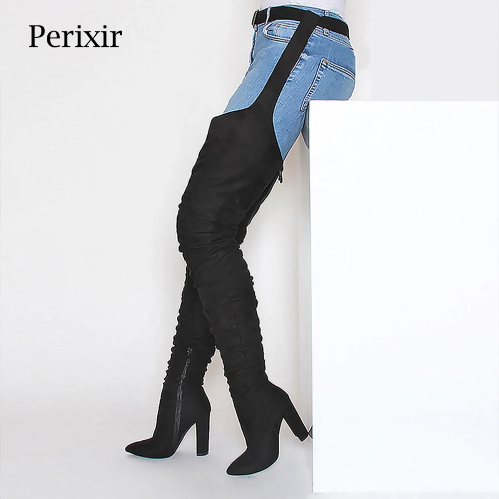 Tanie 2019 moda kobiety buty Over Knee długie buty sztuczny zamsz Comfort Block obcasy slim, ciasne kobiety Over the Knee buty na wysokim obcasie