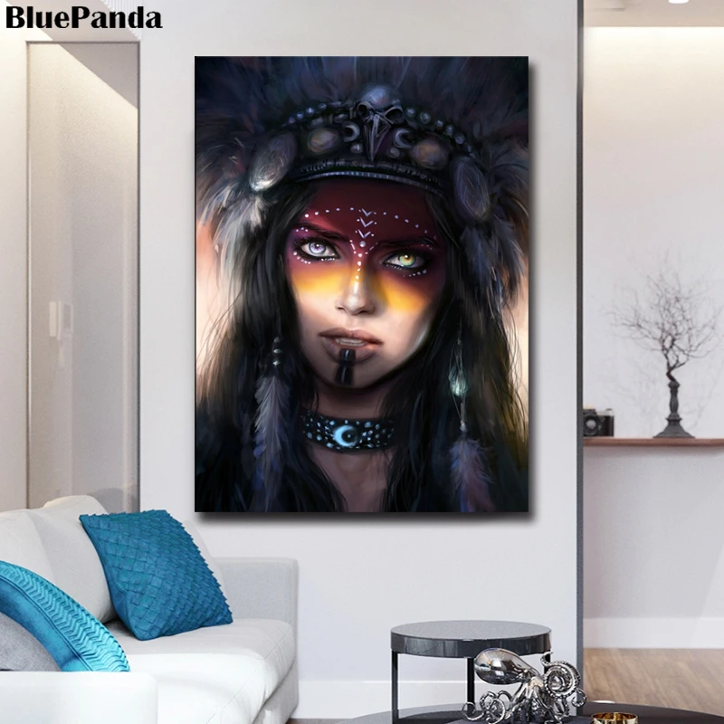 Indians Woman With Feather Hat Nordic Canvas Paintings Prints Abstract Picture Poster On The Wall Living Room Home Decor | Дом и сад