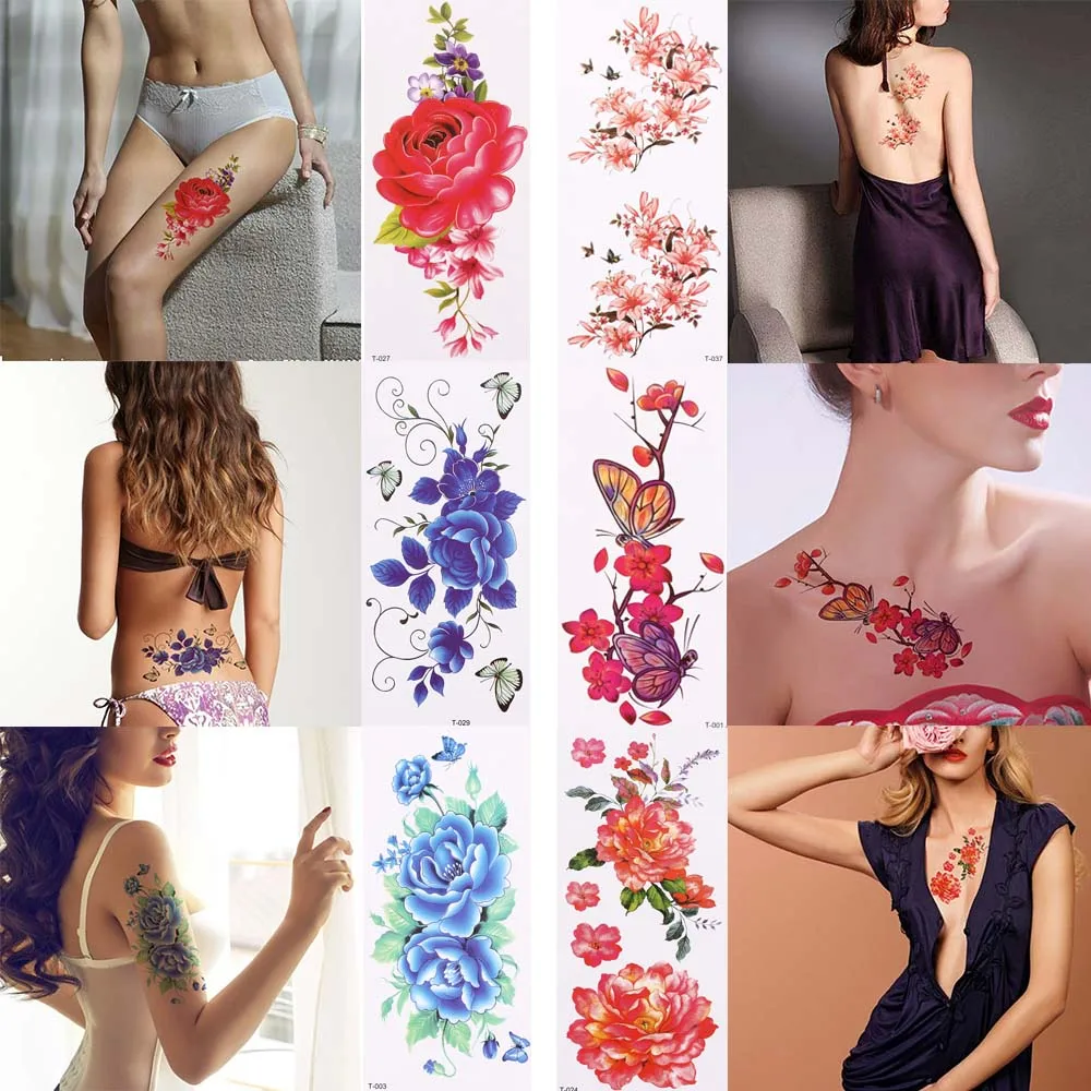 1 шт., 3D, реалистичные, розовые цветы, сексуальные, водонепроницаемые, временные татуировки для женщин, флеш-тату, на руку, на плечо, большие цветы, наклейки