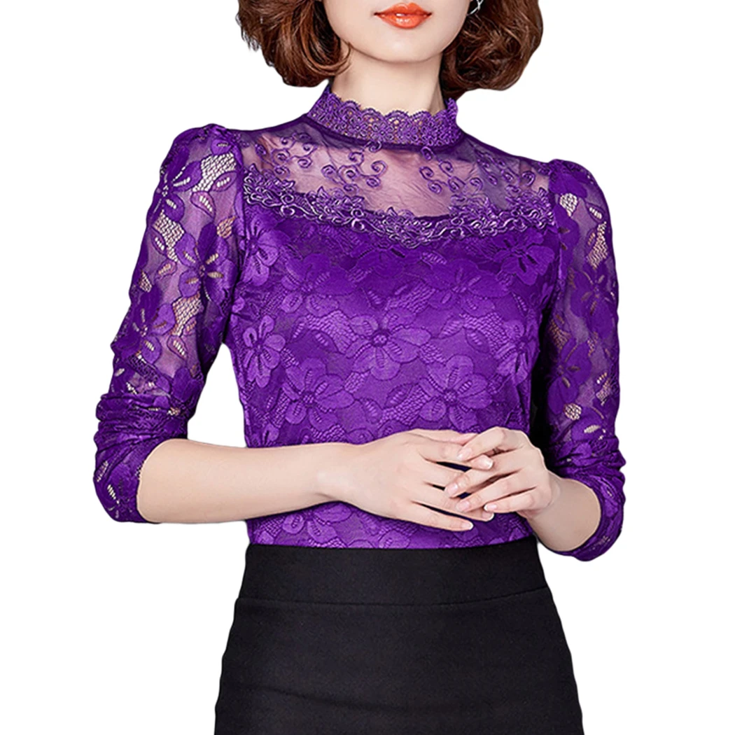 Mouw Slim Modo Blusas Herfst Black Kant Lange Vrouwen white O Casual Camisa 2018 Lente hals Sexy purple Tops Nueva Llegada gqYn8O4