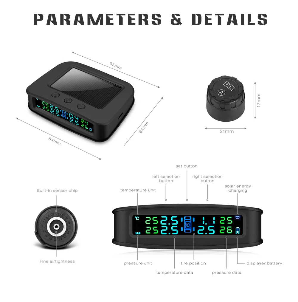 Rectangle Solar Powered TPMS Car Tire Pressure Monitor System 4 External Sensors Temperature Real Time Digital Display Alarm