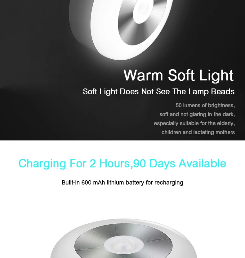  Woodpow LED PIR Body Motion Sensor Night Light AA Rechargeable Induction Lamp Infrared Sensing For Closet Wall Cabinet Corridor (7)