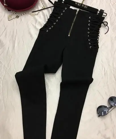 Женские модные новые джинсы по щиколотку, Европейский, узкие брюки-карандаш со шнуровкой и бантом, стильные женские брюки - Цвет: Черный