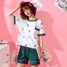 Женская домашняя одежда, костюм, летний хлопковый принт клубники для девочек, пижамный комплект с коротким рукавом, повседневные пижамы