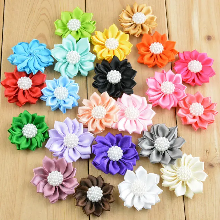 

150pcs/lot 1.6 inch Satin Ribbon Flowers with Pearl Center Mini Layer Flower for Garment Accessories DIY Sewing Craft FH47