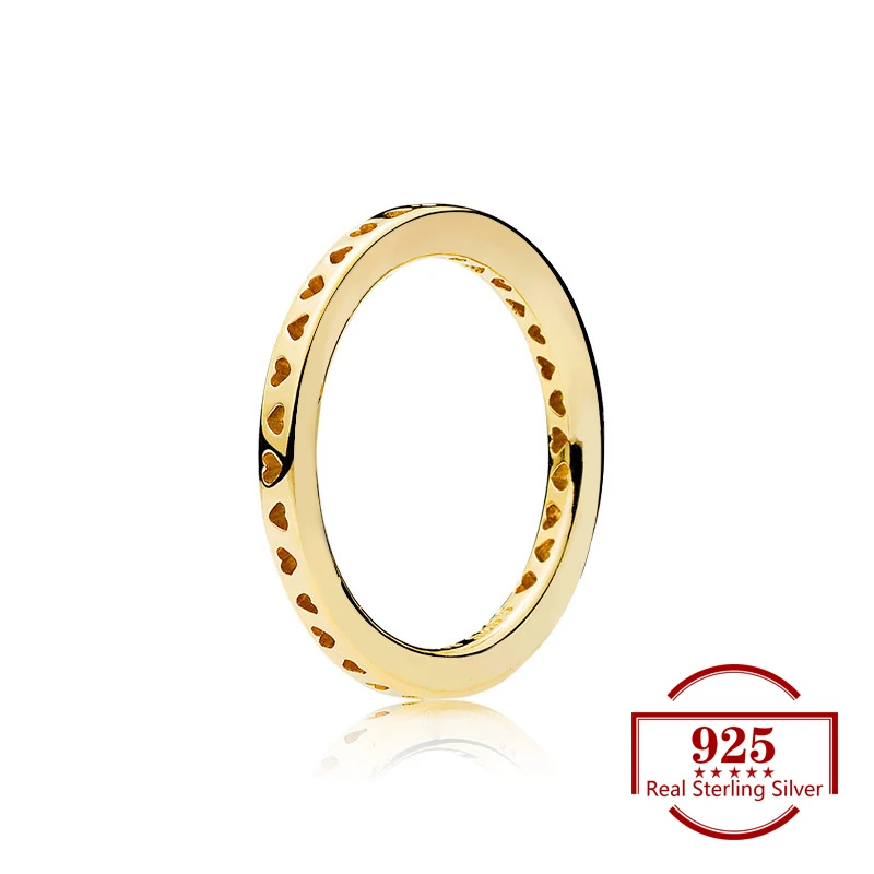 

925 Sterling Silver Round Heart-shaped Hollow Gold Color Ring Fits Trendy Jewelry Original Ring Women Jewelry Wedding Party Gift