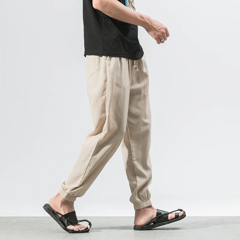 2019 Summer Korean Men's Thin Lantern Pants Linen Pants Cotton Taj pants Loose elastic waist elastic black casual pants