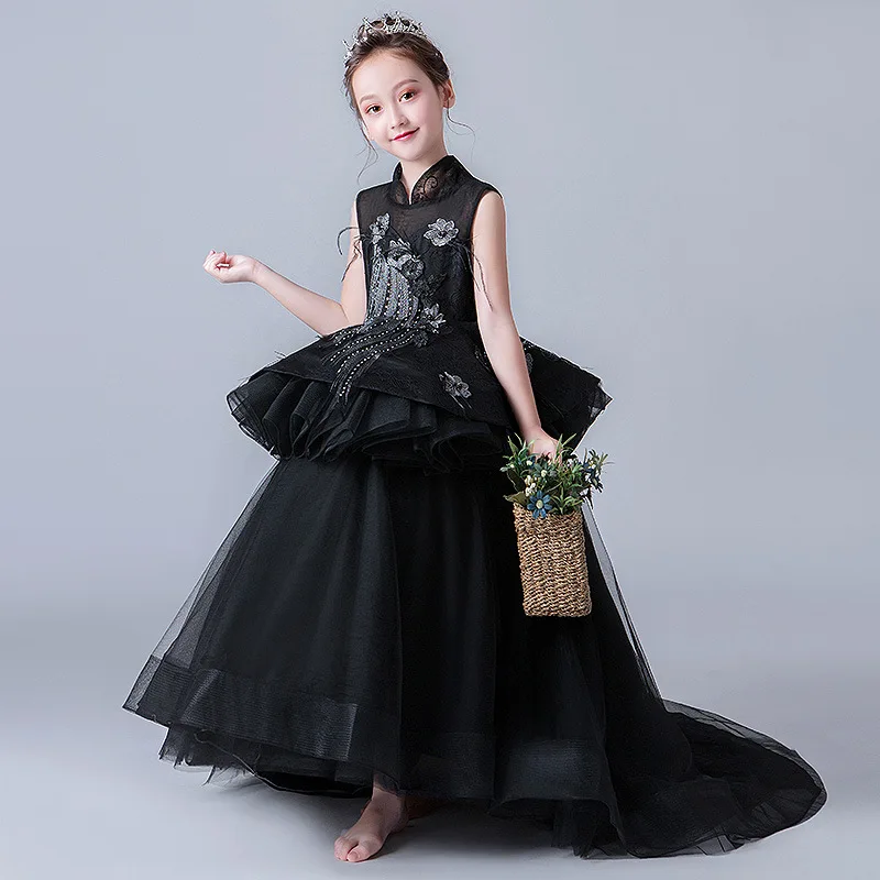 

Luxury Black Evening Gowns Embroidery Appliques Flower Girl Dresses Stand Collar Backless Ball Gown Kids Pageant Dress Birthday