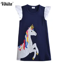 VIKITA платье с единорогом для маленьких девочек; детское платье принцессы; аппликационный костюм с животными; Детские платья; одежда с короткими рукавами для девочек