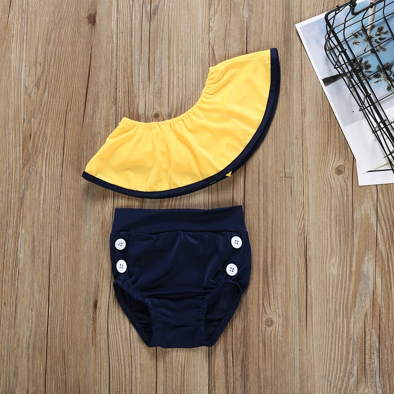 SOSOCOER/детский купальный костюм для девочек; Летние однотонные топы с оборками+ шорты; купальный костюм из двух предметов; пляжная одежда для купания для детей