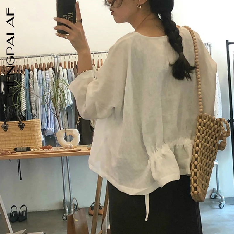 

SHENGPALAE New Spring Autumn Vintage Style Full Sleeve Round-neck With Lace Drawstring Behind Women Loose Shirt Tide FR810