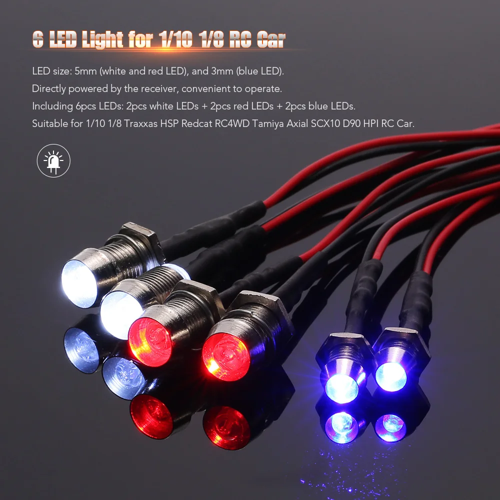 

6 LED Light Kit 2 White 2 Red 2 Blue for 1/10 1/8 Traxxas HSP Redcat RC4WD Tamiya Axial SCX10 D90 HPI RC Car LED Lamp