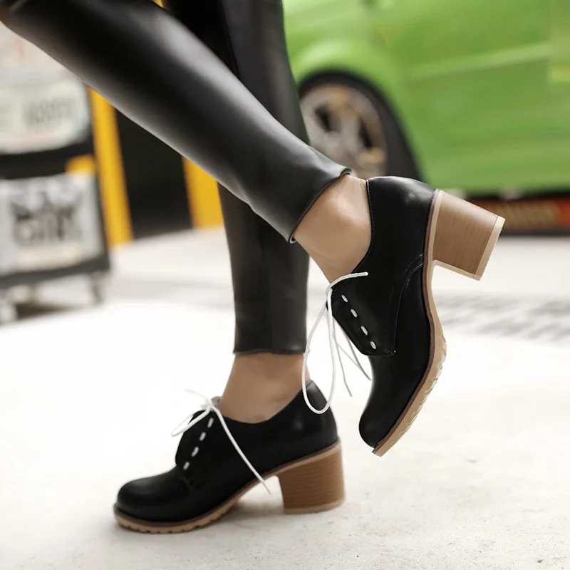 Chainingyee/милые удобные туфли-лодочки с круглым носком в повседневном стиле модная женская обувь на шнуровке на толстом каблуке средней высоты; цвет бежевый, коричневый, черный, розовый