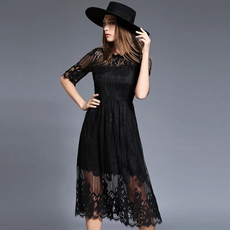 Multiflioa 2017 Winter Women's Casual Party Lace Dress Black White Midi