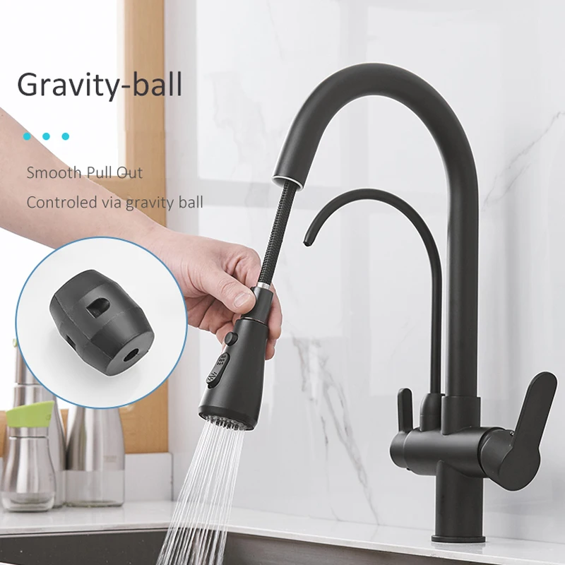  Quyanre Matte Black Filtered Crane For Kitchen Pull Out Spray 360 Rotation Water Filter Tap Three W - 32981734222