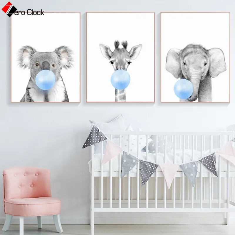 

Nursery Animal Print Blue Bubble Gum Poster Zebra Koala Giraffe Elephant Canvas Painting Wall Art Baby Kids Room Decor Unframed