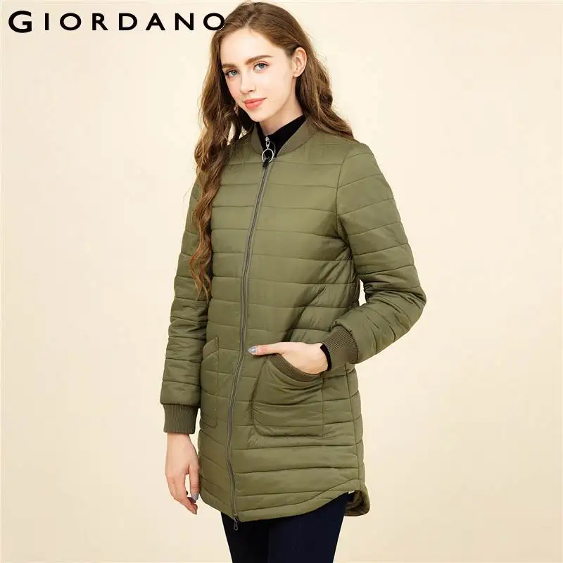 Giordano Women Jacket Solid Pockets Mid Long Quilted Jacket Long