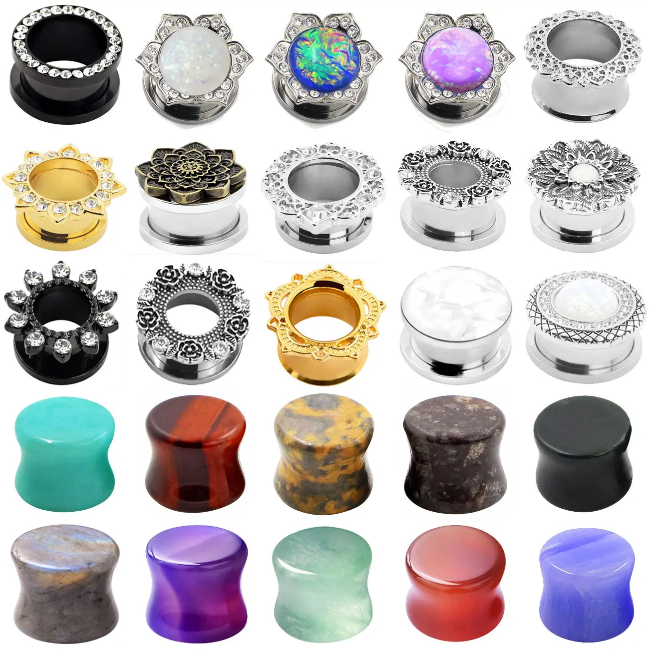 Pair Original Stone&Stainless Steel Earring Flesh Tunnels Ear Plugs Ear