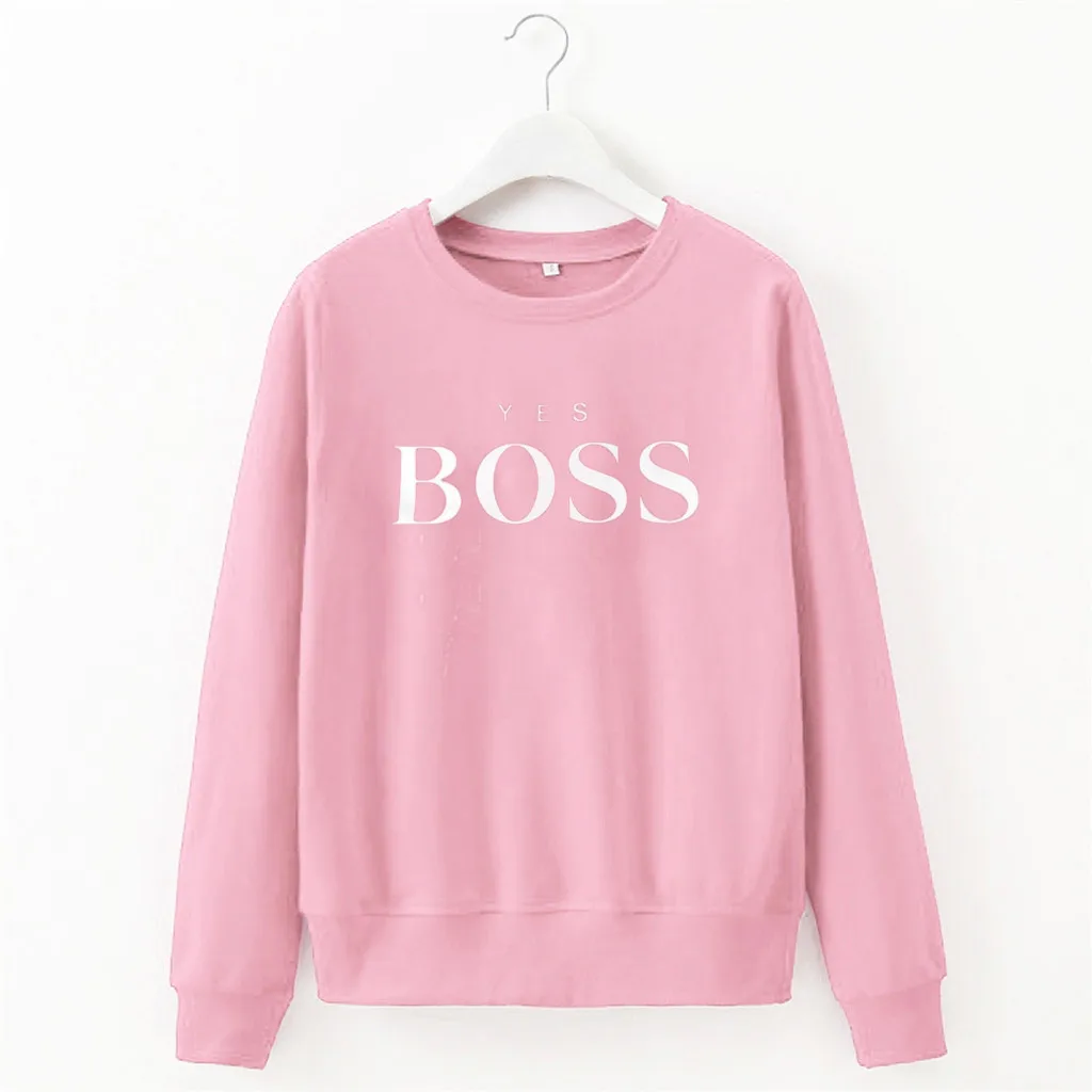 Women Sweatshirt Women Fall Yes Boss Letter Printed Hoodie Sweatshirt Ladies Long Sleeve Pullover Jumper Sudadera Mujer - Цвет: Розовый