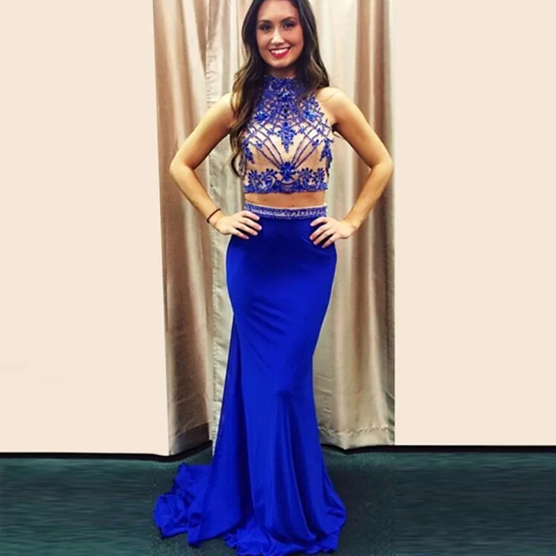 Royer Blue Promotion Mermaid 2 Pieces Dress vestido de festa Halter Heavy Crystal Rhinestone