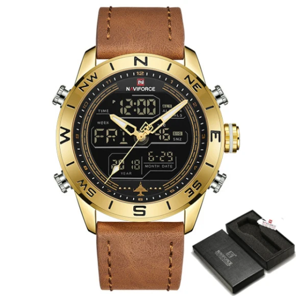 Gold Black with box Новые мужские часы NAVIFORCE Топ люксовый бренд мужские модные спортивные часы мужские кожаные кварцевые аналоговые светодиодный часы Relogio Masculio - Цвет: Gold Black with box