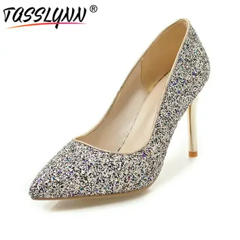 

TASSLYNN 2018 Women Pumps Sexy Thin High Heels Sequins Party Shoes Slip on Pointed Toe Elegant Bling Wedding Shoes Size 34-43