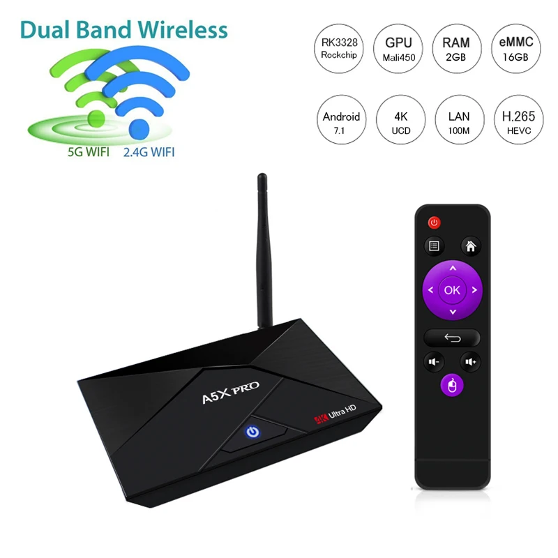 

TV Box Android 7.1 Smart Mini PC 2GB DDR3 16GB EMMC RK3328 Quad Core Set Top Box Wifi 2.4G/5G Bluetooth Media Player 4K
