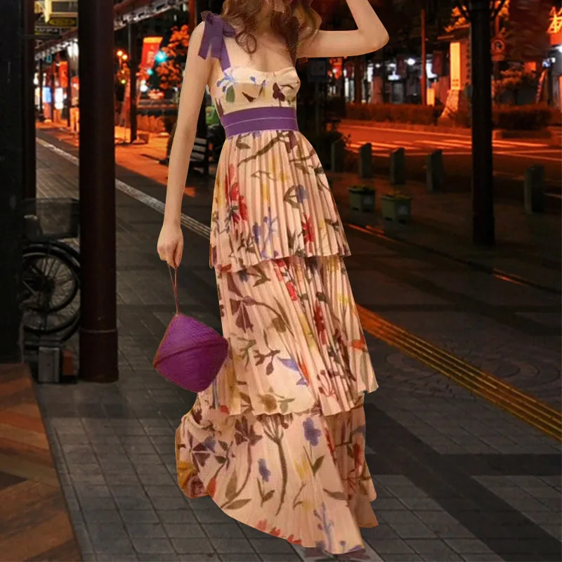 

2019 Runway Designer Woman Maxi Dress Off Shoulder Pleated Flower Print Spaghetti Strap Sexy Long Dress Beach Party Dresses