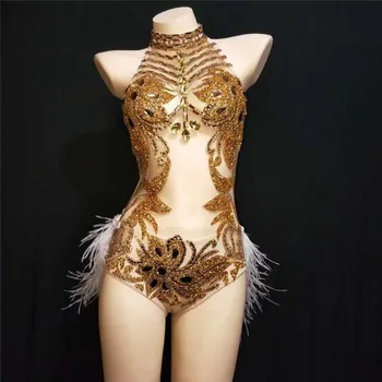

E93 Sexy Perspective bodysuit female singer stage dress performance wears clothes gold outfits clothes feather skirt diamonds dj