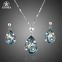 AZORA Platino Plateado señora Elegante Transparente de Cristal Colgante Pendiente y Colgante de Collar de La Joyería Set TG0001