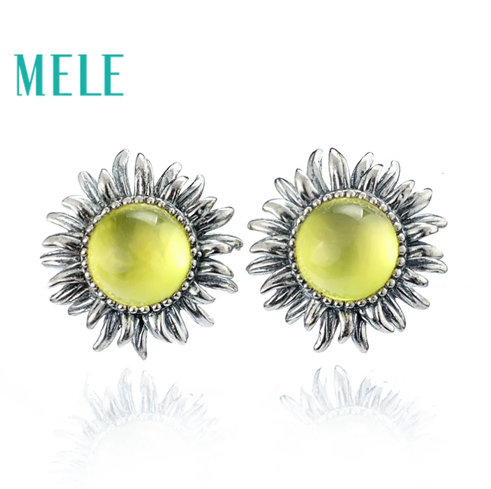 

MELE Natural yellow prehnite silver earring , round 8mm, sunflower design, top quality for women's earring, retail and wholesale